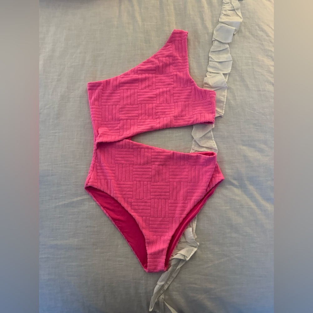 Beach Riot Pink Textured One-Shoulder Kids One Piece